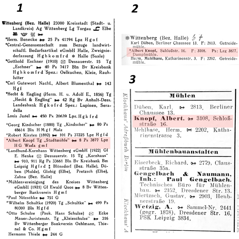 verschiedene Adressbucheinträge Anfang des 20. Jahrhunderts zur Mühle